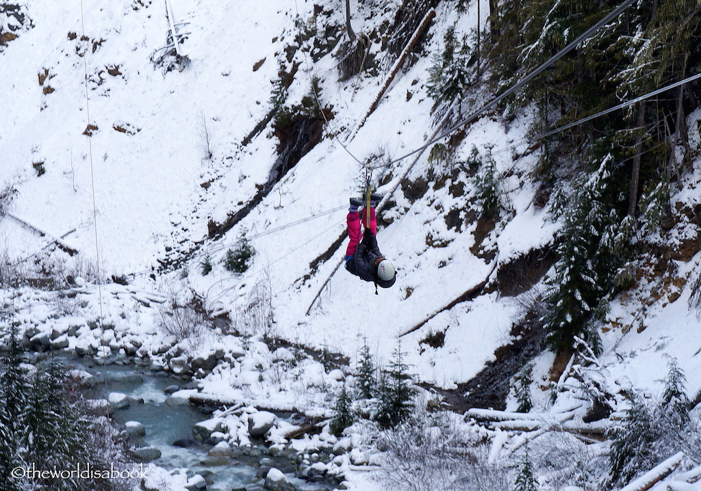 Whistler ziplining with kids upside down