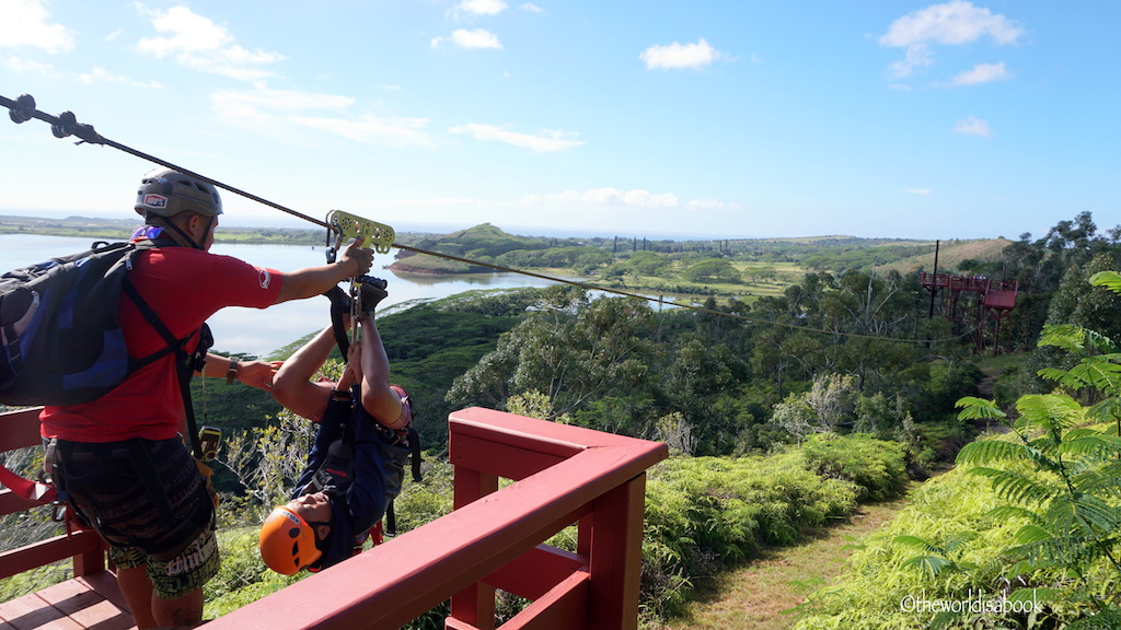 Koloa zip line with kids upside down