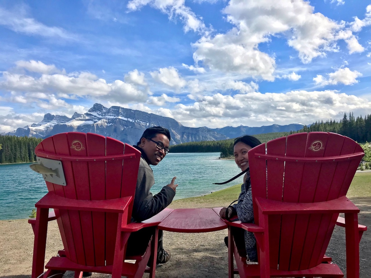 Two Jack lake red chair Banff